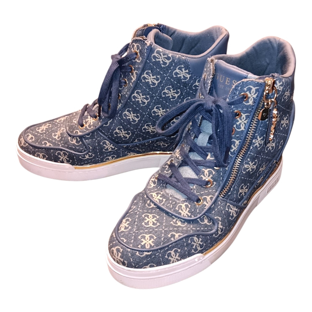 GUESS Women's Fiora Denim & Gold Monogram High Top Wedge Fashion Sneakers